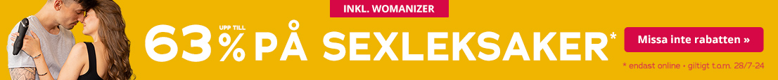 Advertisement with a yellow background. White text: 'Up to 75% off sex toys*'. It says: '*only online – valid until 28.07.2024' in small red letters. The text 'incl. Womanizer' is at the top in the middle.